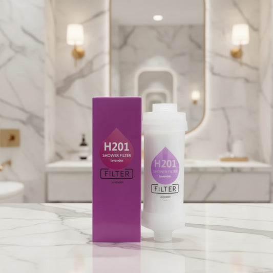 H201 shower filter with lavender fragrance packaging on a light green background