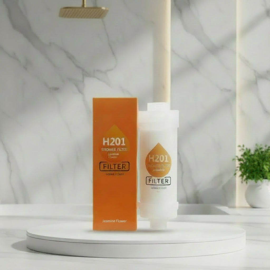 H201 Shower Filter packaging with jasmine fragrance on a light green background