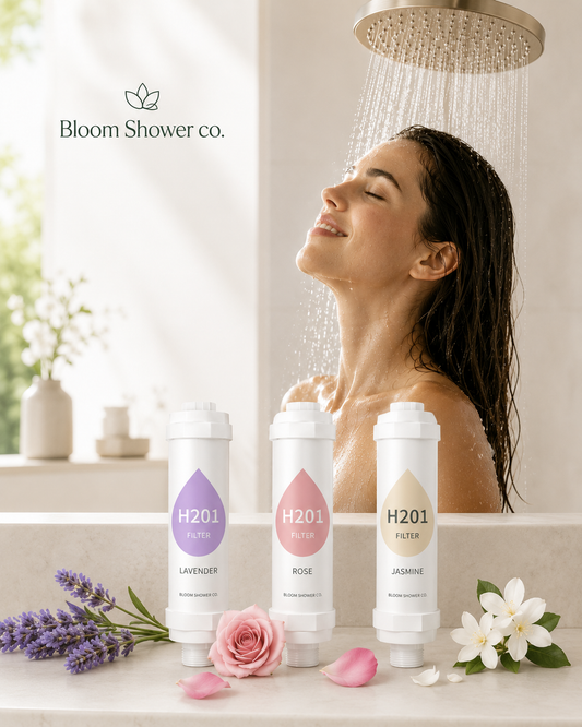 Woman showering with Bloom Shower co. products on a bathroom counter.