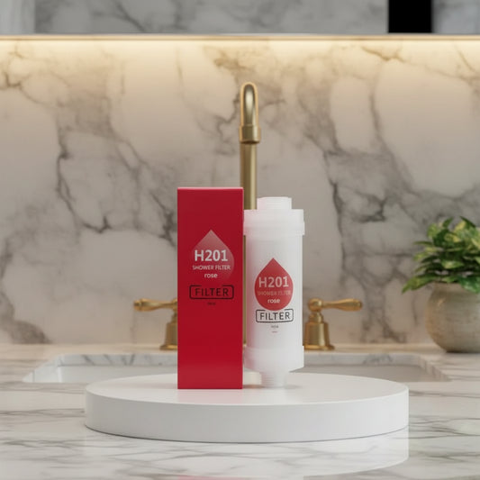 H201 Shower Filter with red packaging and white bottle on a light green background
